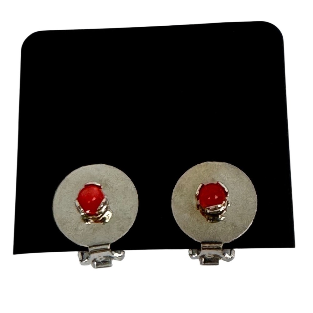 Vintage Silver Tone Red Cabochon Round Disc Clip On Earrings Minimalist Retro